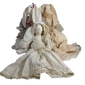 Set of Three Christening Bunny Dolls Folk Art Farmhouse Easter Baptism Rabbits